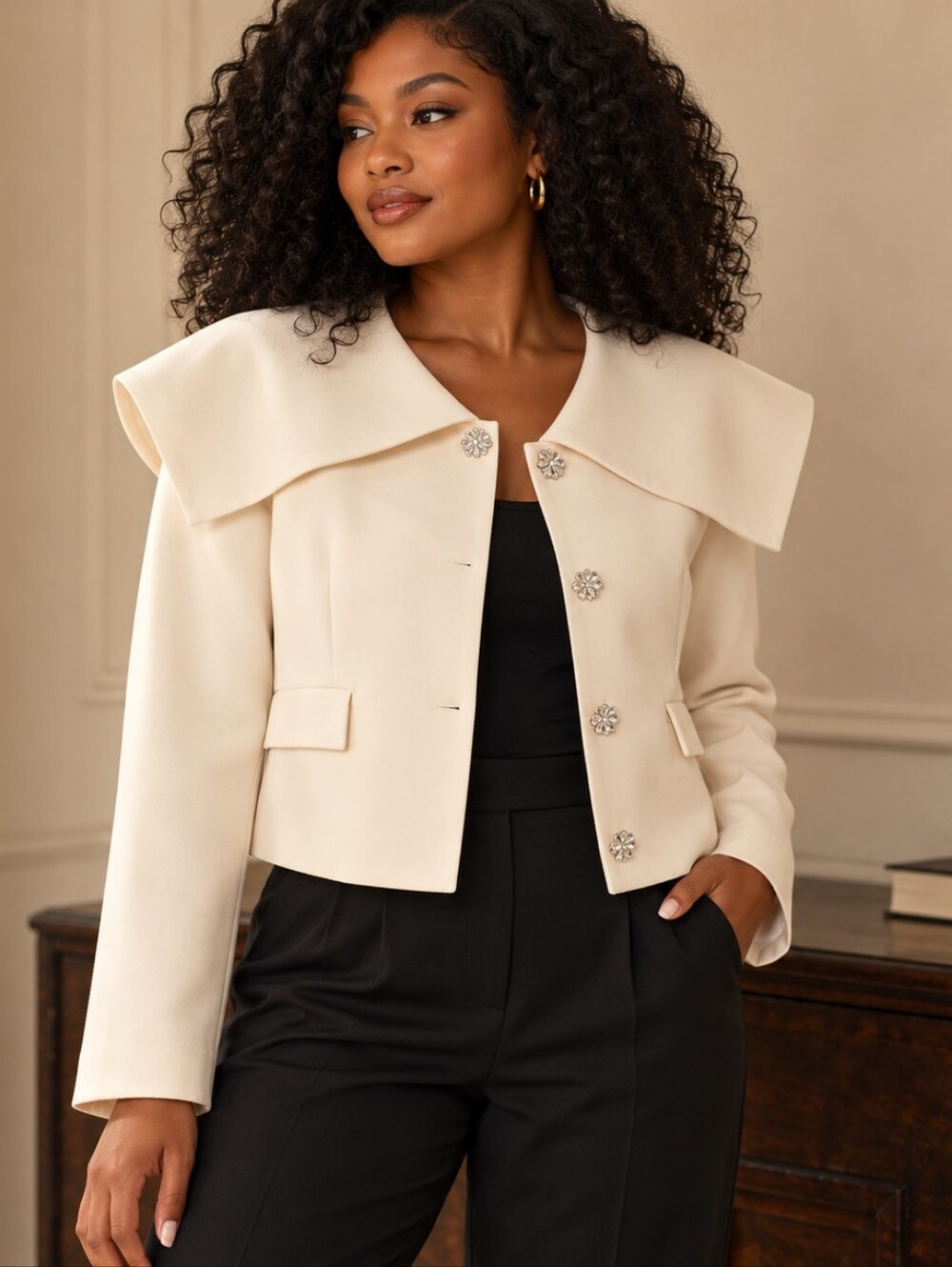 Lulus Cream Crystal Button Cape Collar Jacket XL NWT